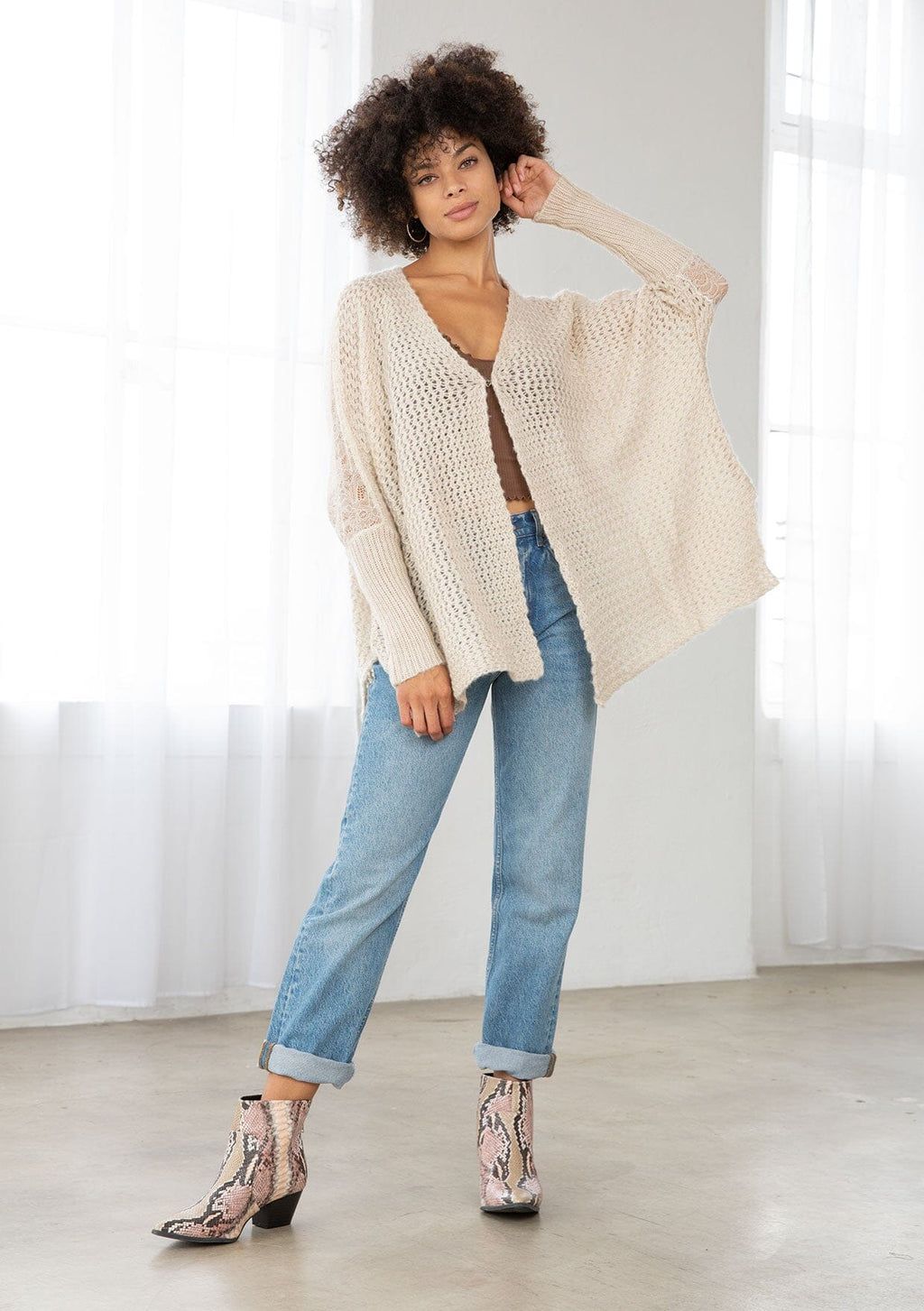 トップス ANDMARY Lacey ribbon cardigan beige andmary Lacey ribbon cardigan beige