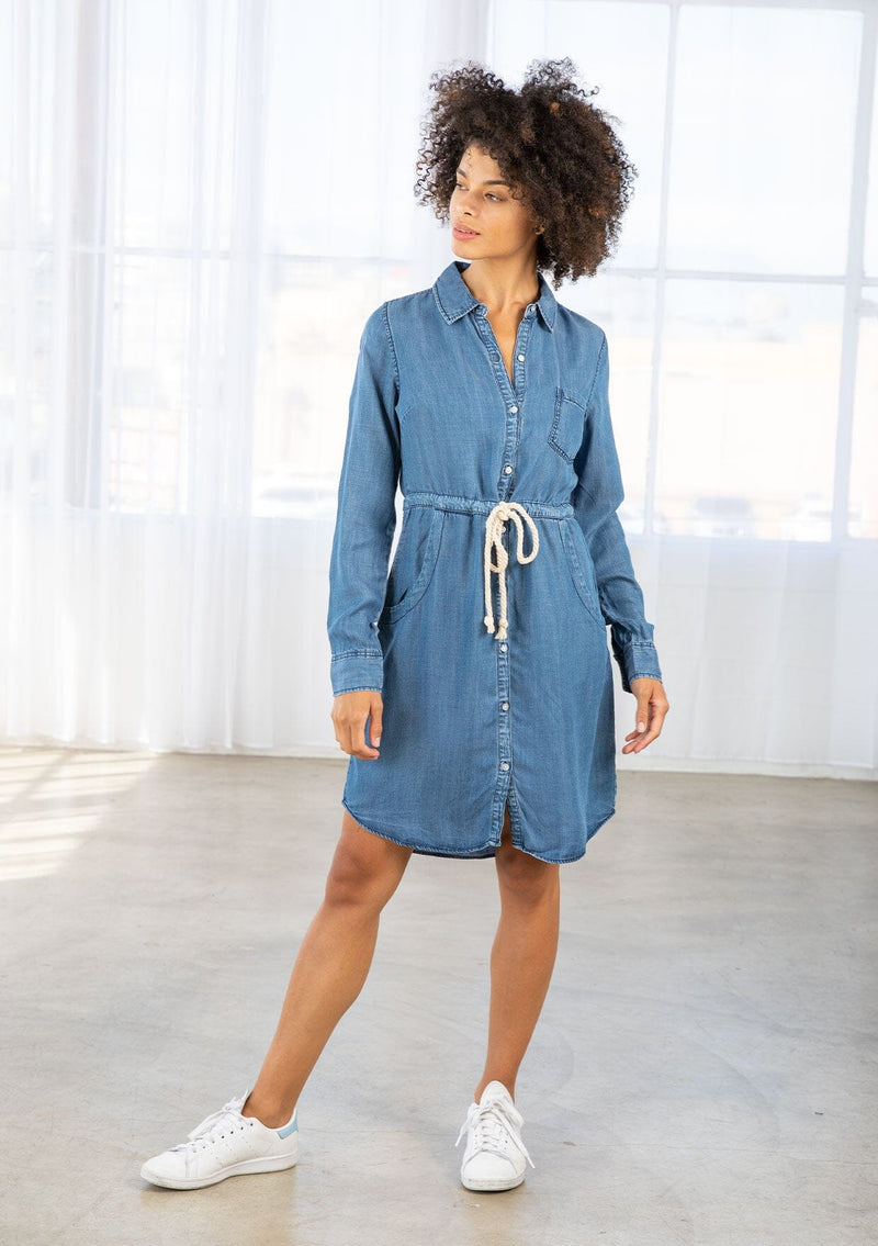 [Color: Medium Blue] A classic mini shirt dress with long sleeves and a rope tie waist, crafted from Tencel. 