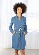 [Color: Medium Blue] A classic mini shirt dress with long sleeves and a rope tie waist, crafted from Tencel. 