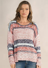 [Color: Peach/Aqua/Navy] A front facing image of a blonde model wearing a multi stripe lightweight knit sweater with a round neckline, long sleeves, and a dropped shoulder. 