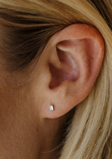 [Color: Silver/Clear:] Dainty .925 sterling silver with rhodium plated CZ clear baguette stud earrings. 