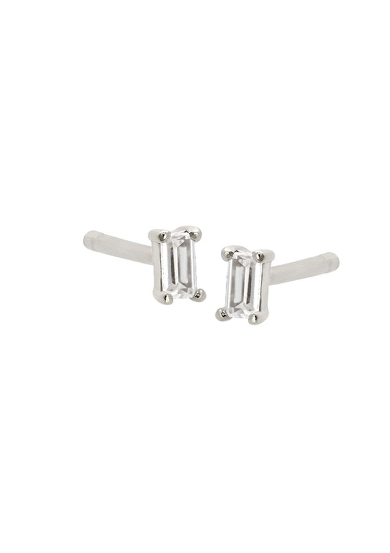 [Color: Silver/Clear:] Dainty .925 sterling silver with rhodium plated CZ clear baguette stud earrings. 