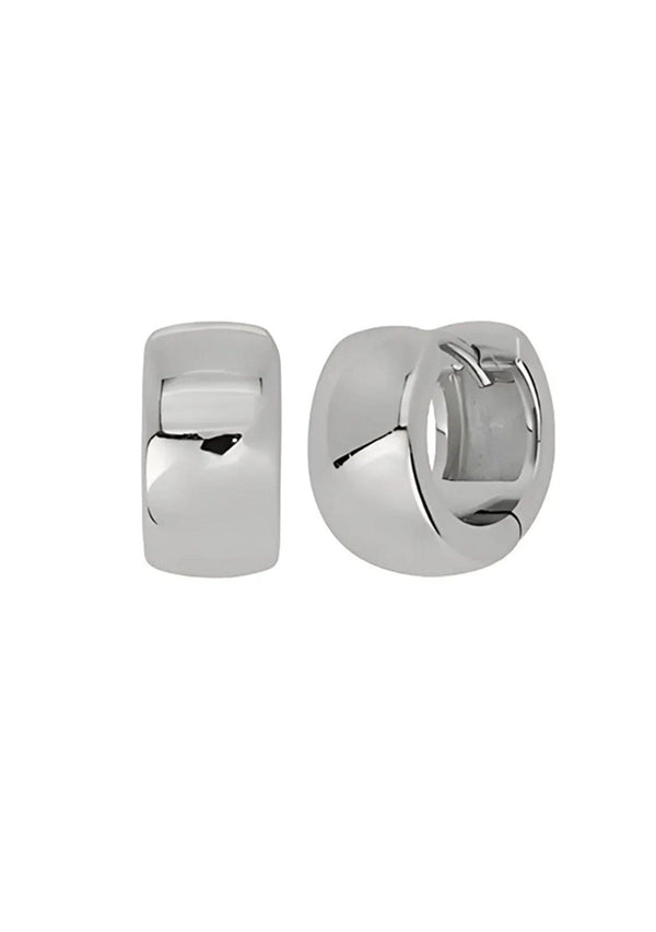 Pair of silver hoop huggie earrings on a white background
