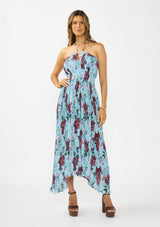 [Color: Blue/ Burgundy] A front facing image of a brunette model wearing a blue and burgundy floral plisse midi dress with a halter neckline and a shirred bodice.  
