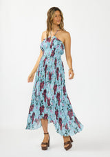 [Color: Blue/ Burgundy] A front facing image of a brunette model wearing a blue and burgundy floral plisse midi dress with a halter neckline and a shirred bodice.  