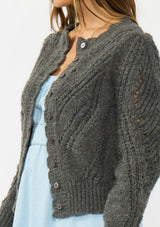 [Color: Charcoal] A detail image of a brunette model wearing a grey pointelle knit button front cardigan with a round neckline and long puff sleeves. 