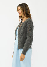 [Color: Charcoal] A side facing image of a brunette model wearing a grey pointelle knit button front cardigan with a round neckline and long puff sleeves. 