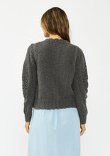 [Color: Charcoal] A back facing image of a brunette model wearing a grey pointelle knit button front cardigan with a round neckline and long puff sleeves. 
