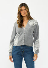 [Color: Heather Grey] A front facing image of a brunette model wearing a grey cardigan with lace details, a v neckline, and a button front. 