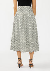 [Color: Black] A back facing image of an black and white embroidered checkered  midi skirt with a side zipper. 