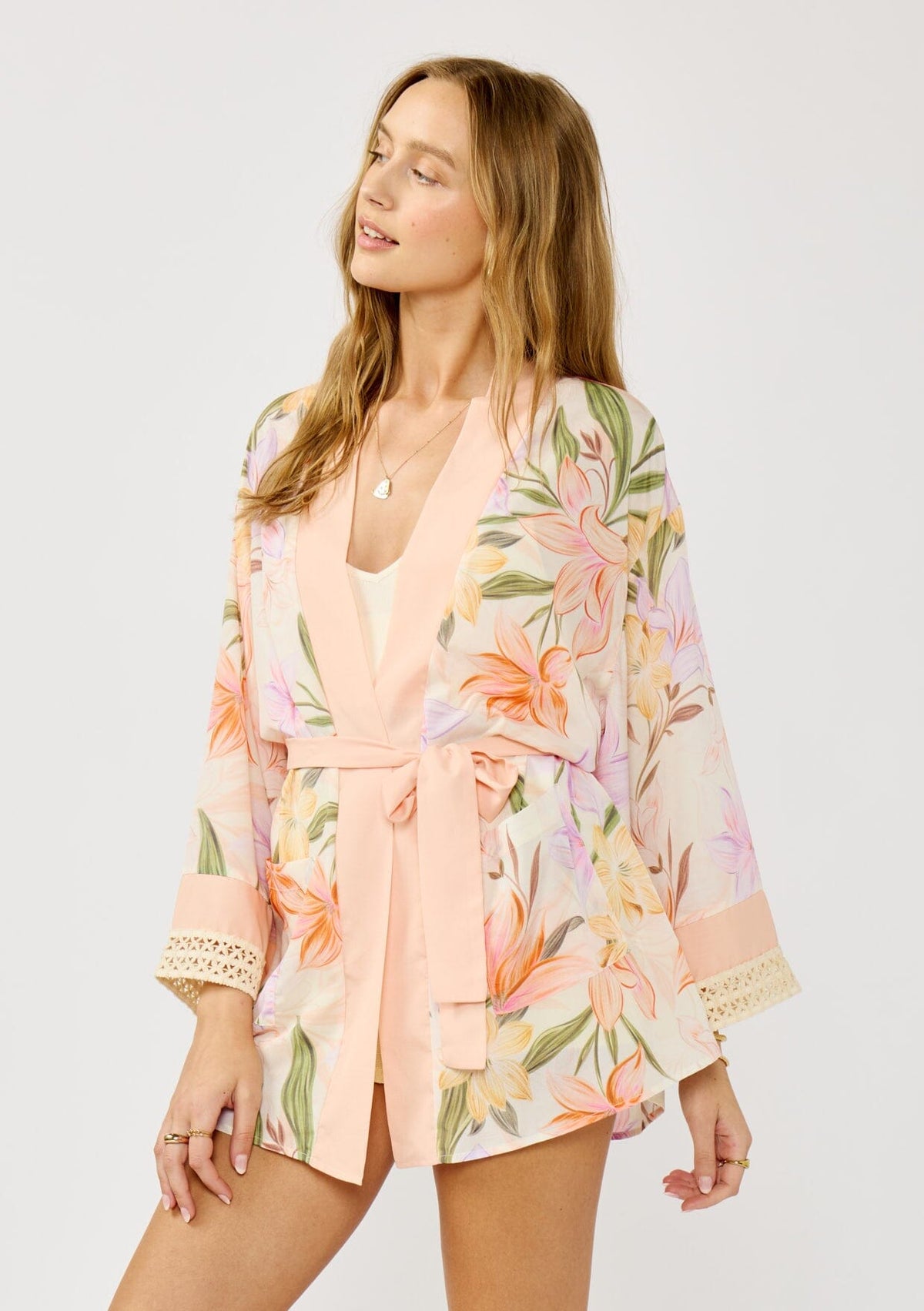 Women's Coral Tropical Floral Belted Kimono | LOVESTITCH