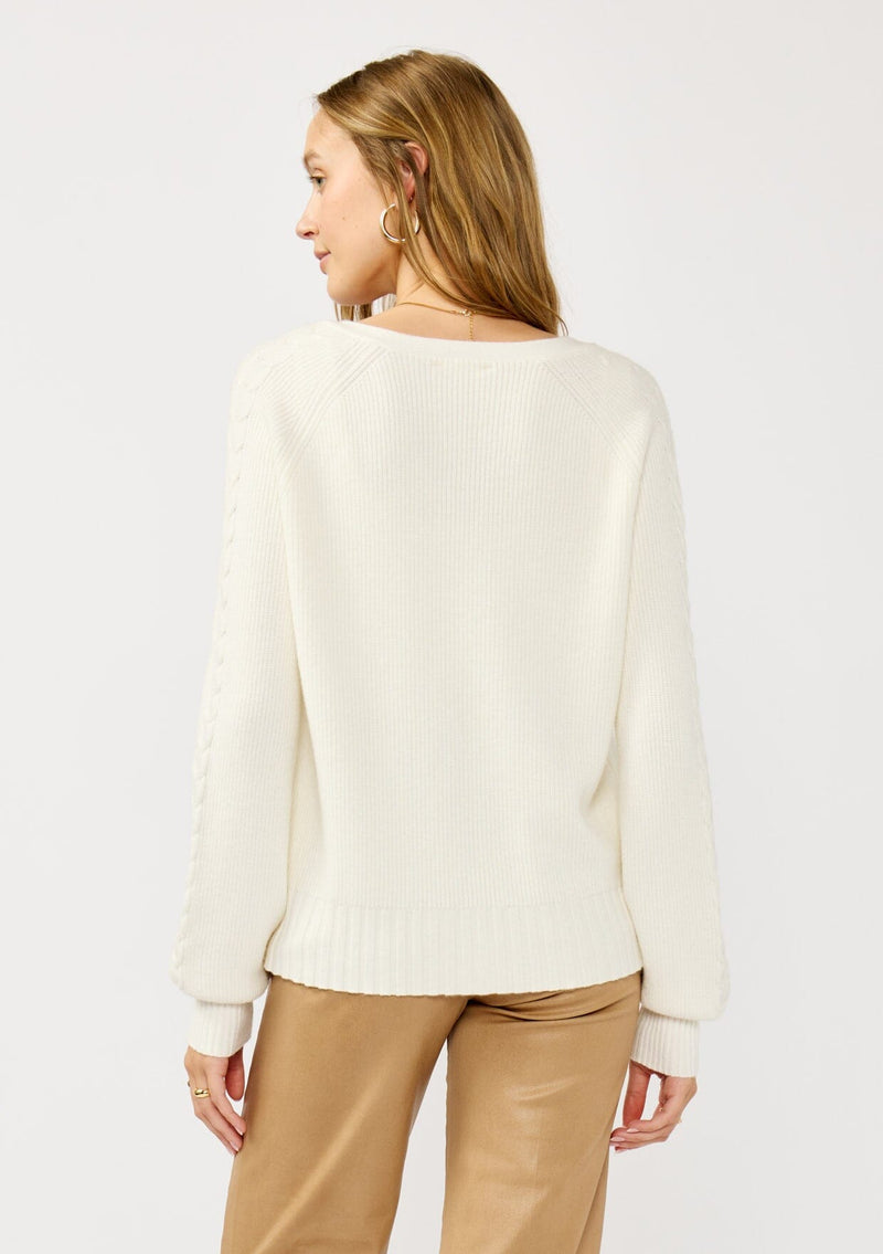 [Color: White] A back facing image of a blonde model wearing a white cozy rib stitch cardigan with a button front, v-neckline, ribbed border, and cable knit detailing along the sleeves. 