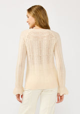 [Color: Blush] A back facing image of a blonde model wearing a fuzzy open knit pullover sweater with a crew neckline, long sleeves, and a flutter cuff. Lightweight and breezy for the fall season. 