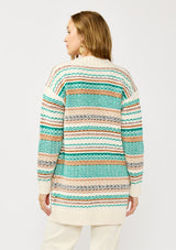 [Color: White/Green] A back facing image of a blonde model wearing a green and brown striped knit cardigan with a contrasting ribbed trim. Featuring long cozy sleeves and an open front for easy layering. A boho inspired cardigan for the fall season. 