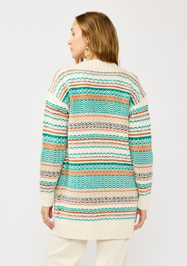 [Color: White/Green] A back facing image of a blonde model wearing a green and brown striped knit cardigan with a contrasting ribbed trim. Featuring long cozy sleeves and an open front for easy layering. A boho inspired cardigan for the fall season. 