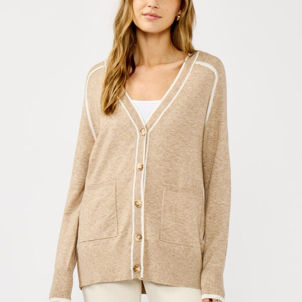 Women's Beige Border Striped Cardigan | LOVESTITCH