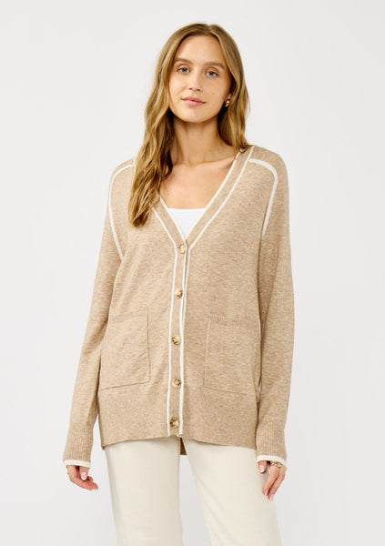 Women's Beige Border Striped Cardigan | LOVESTITCH
