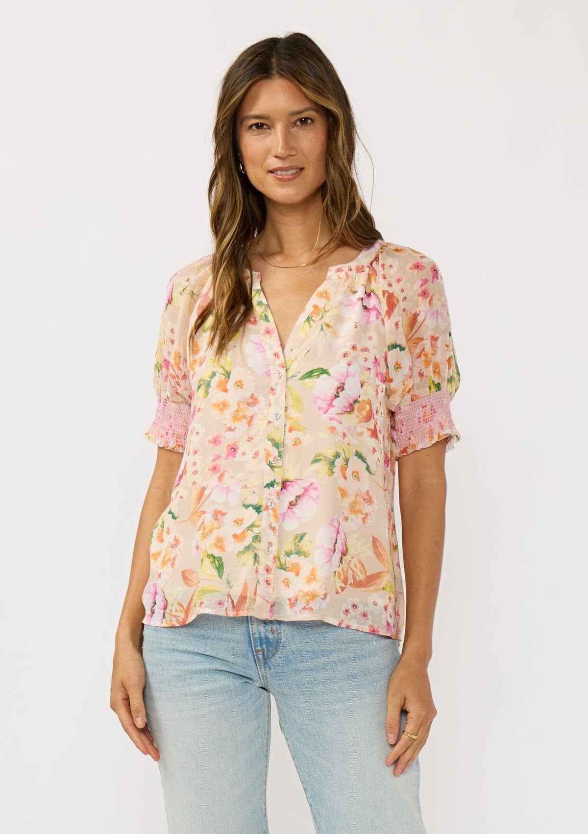 Women's Pink Floral Puff Sleeve Top | LOVESTITCH