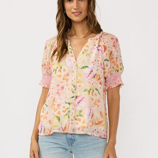 Women's Pink Floral Puff Sleeve Top | LOVESTITCH