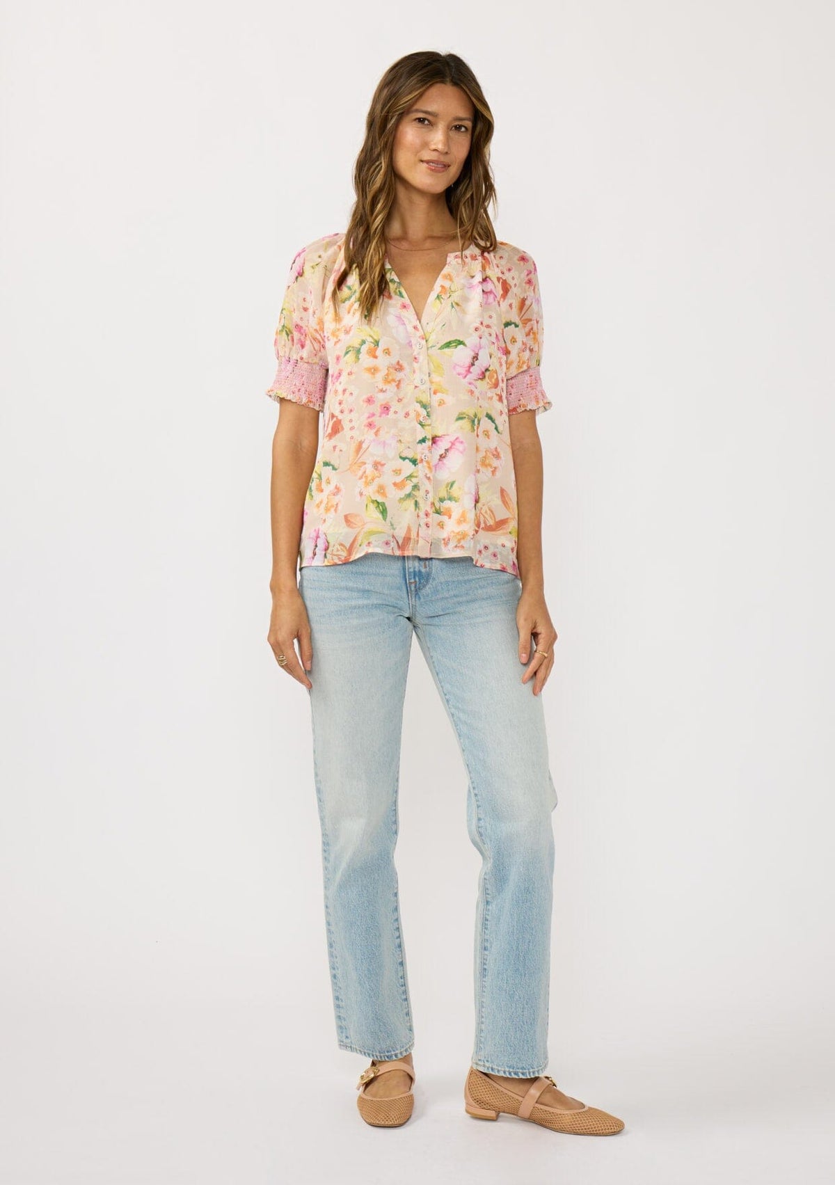 Women's Pink Floral Puff Sleeve Top | LOVESTITCH