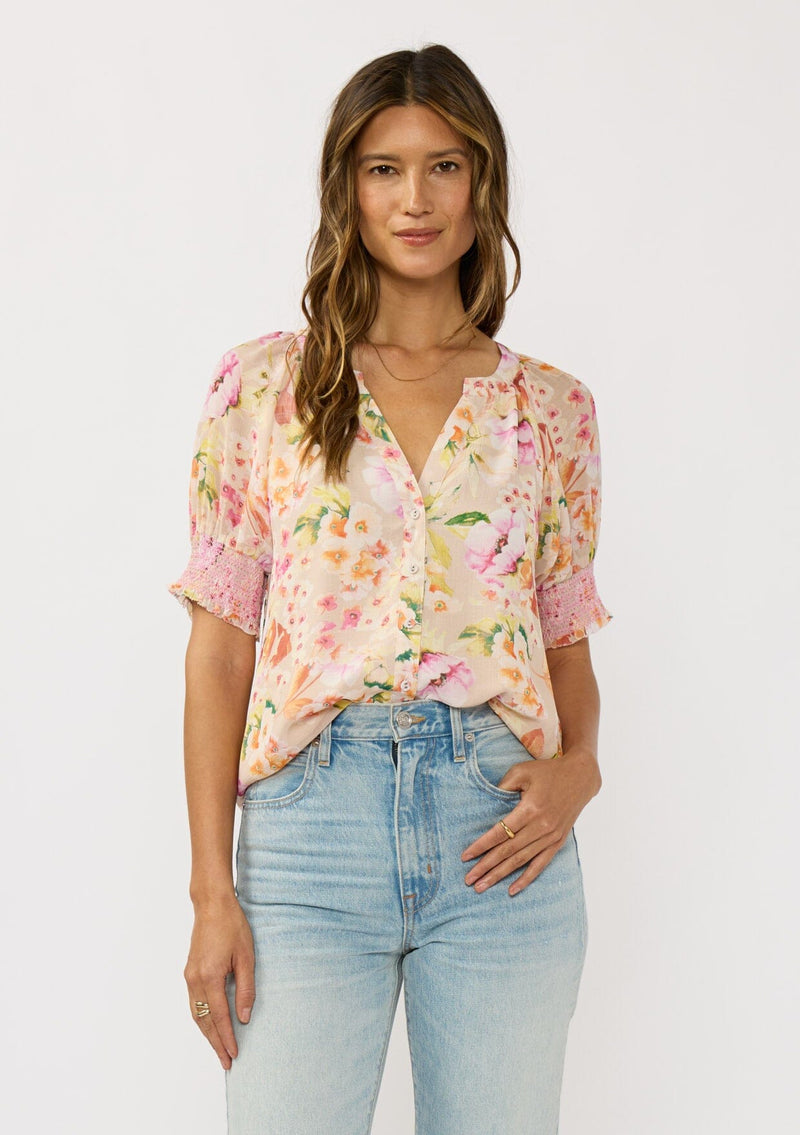Women's Pink Floral Puff Sleeve Top | LOVESTITCH