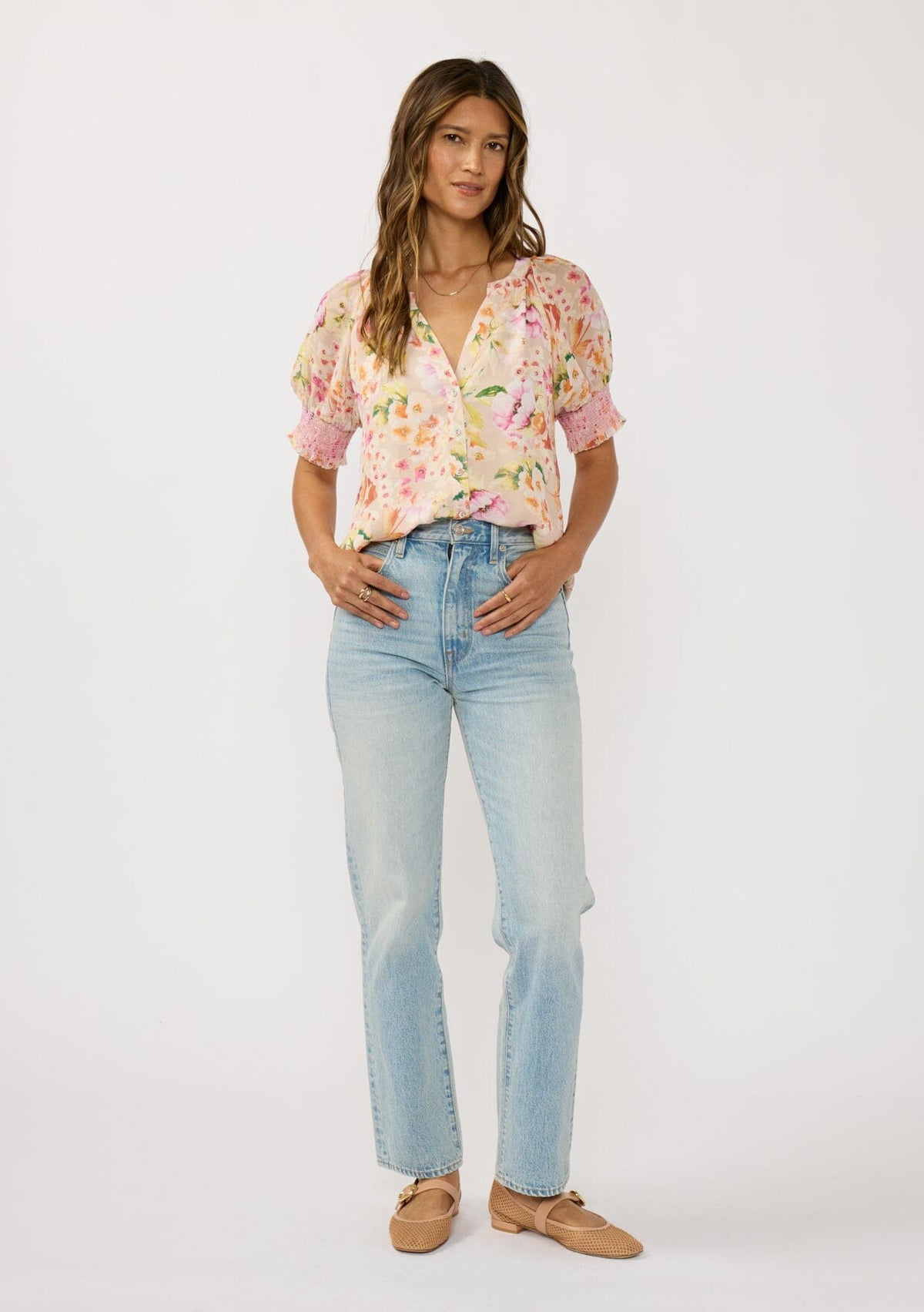 Women's Pink Floral Puff Sleeve Top | LOVESTITCH