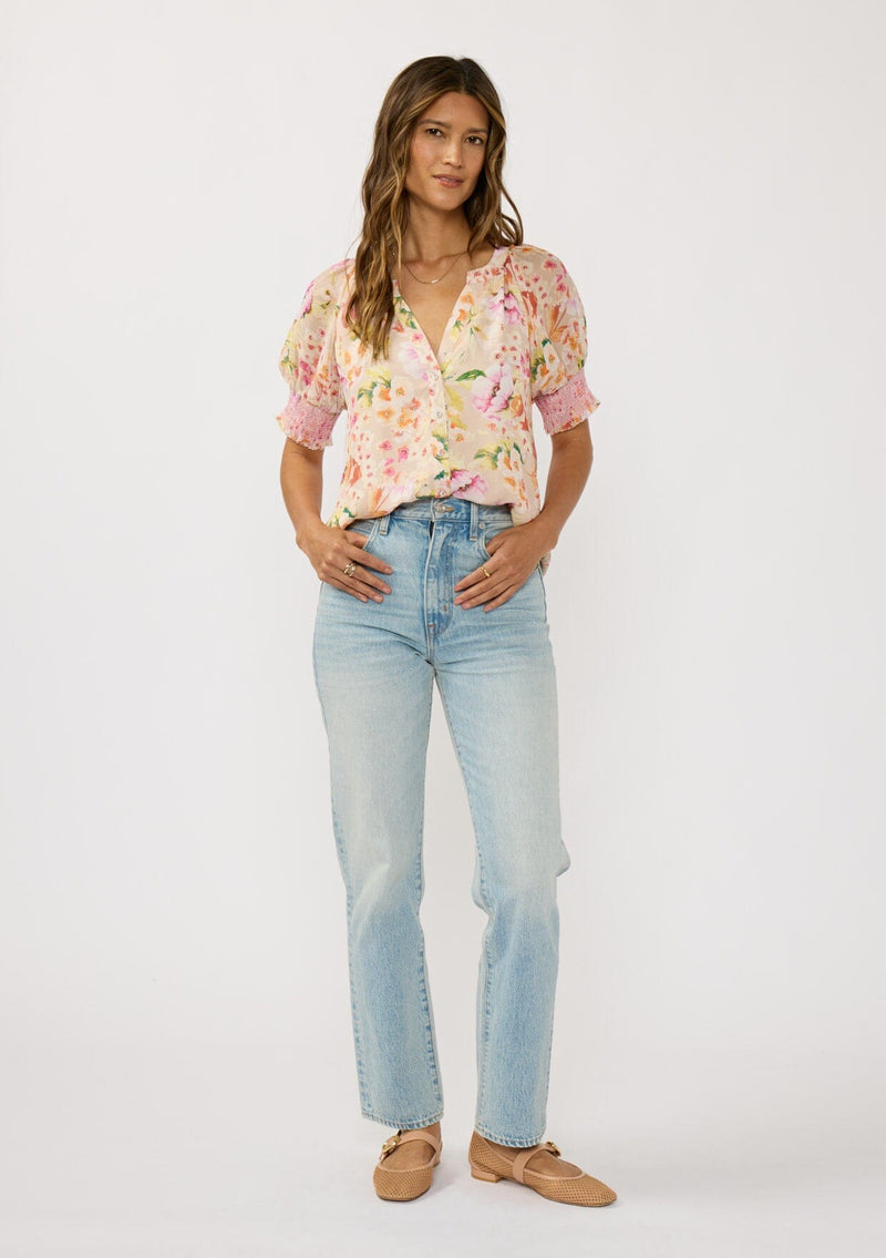 Women's Pink Floral Puff Sleeve Top | LOVESTITCH