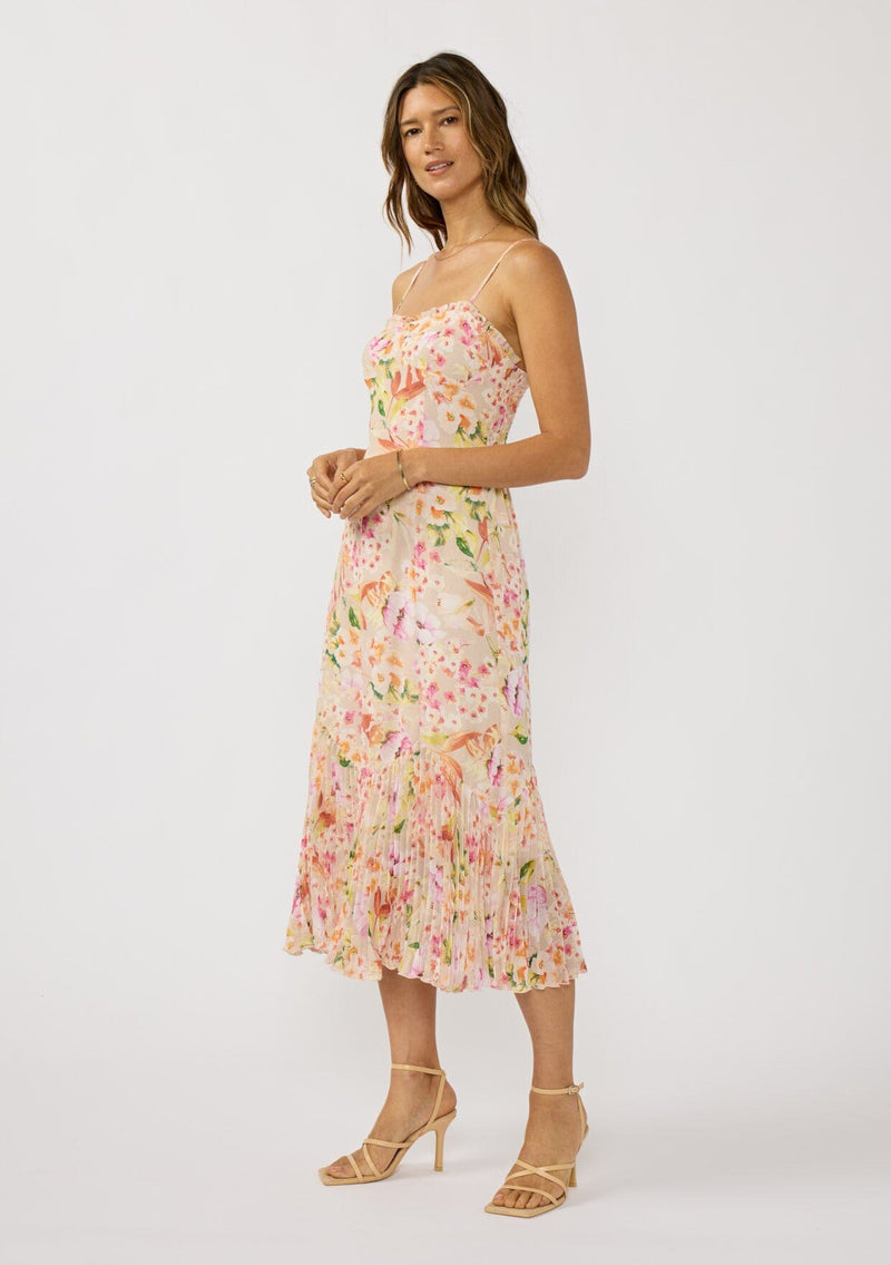 Songbird Pleated Midi Dress Natural/Fuchsia / L Songbird Pleated Midi Dress Natural/Fuchsia / L