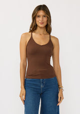 [Color: Chocolate] A front facing image of a brunette model wearing a brown micro ribbed tank top with a v-neckline and racerback. A basic everyday tank top 