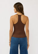 [Color: Chocolate] A back facing image of a brunette model wearing a brown micro ribbed tank top with a v-neckline and racerback. A basic everyday tank top 