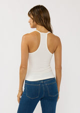 [Color: White] A back facing image of a brunette model wearing a white micro ribbed tank top with a v-neckline and racerback. A basic everyday tank top.
