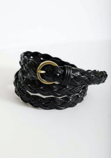 [Color: Black] Black braided belt with a gold buckle on a white background