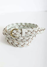 [Color: White] White braided belt with a gold buckle on a white background