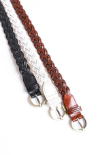 [Color: White] Three braided leather straps in black, brown, and white on a white background