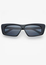 [Color: Black]: Retro style sunglasses with a blue lens in a black frame color. 100% UVA/UVB protection.