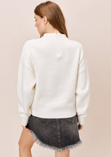 [Color: Charcoal] A blonde model wearing a white sweater with an elegant funnel neck, a concealed zip closure at the back neck, and contrast ribbed details. A basic cold weather sweater for the fall season. 