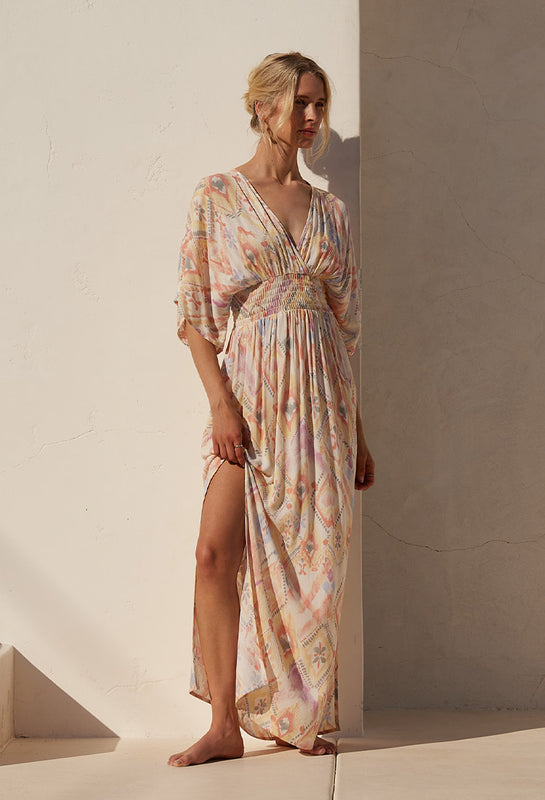 Lovestitch Bohemian style maxi dress with flattering half length sleeve and a summery coral boho print