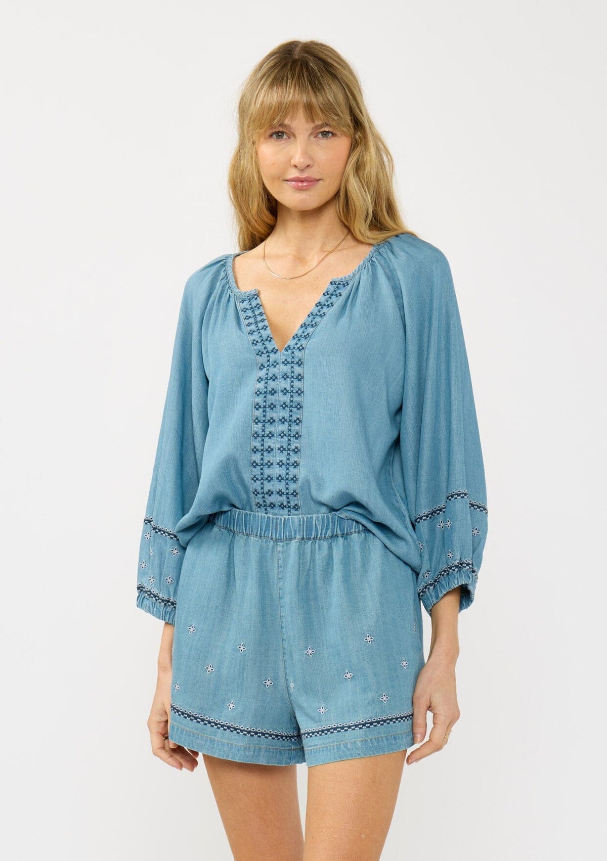 Women's Bohemian Blue Embroidered Blouse | LOVESTITCH