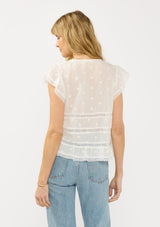 [Color: White] A back facing image of a blonde model wearing a white lace top with a v neckline, flutter sleeves and pintuck details. A vintage inspired lace top for the spring season.