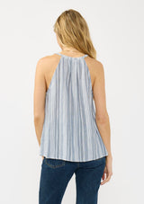 [Color: Blue/Gold] A back facing image of a blonde model wearing a blue and white tank top with metallic thread details and a button front.