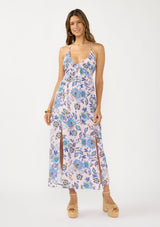 [Color: Natural/Dusty Rose] A front facing image of a brunette model wearing a pink and blue floral maxi with a deep v neckline, spaghetti straps, a cross back, and front slits. 