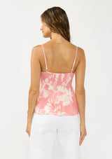 [Color: Salmon/Ivory] A back facing image of a brunette model wearing a pink and ivory cami with spaghetti straps and a button front. 