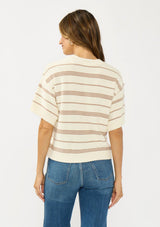 [Color: Vanilla/Taupe] A back facing image of a brunette model wearing an ivory and beige cotton striped sweater top with short sleeves and a button front. 