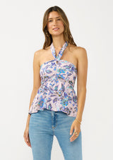 [Color: Natural/Dusty Rose] A front facing image of brunette model wearing a tropical pink and blue halter top with a gathered bust and smocked back. 