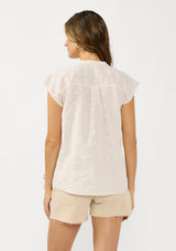 [Color: Tan/Natural] A back facing image of a brunette model wearing a checkered button front top with cap sleeves and floral embroidery. 
