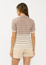 [Color: Fawn/Stone] A back facing image of a brunette model wearing a beige collared sweater top with a striped design, a button front, and short sleeves. 