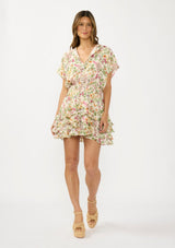 [Color: Blush/Rose] A front facing image of a brunette model wearing a pink and green floral print mini dress with short dolman sleeves, a button front, a smocked waist, and a ruffle tiered hem with layers. 