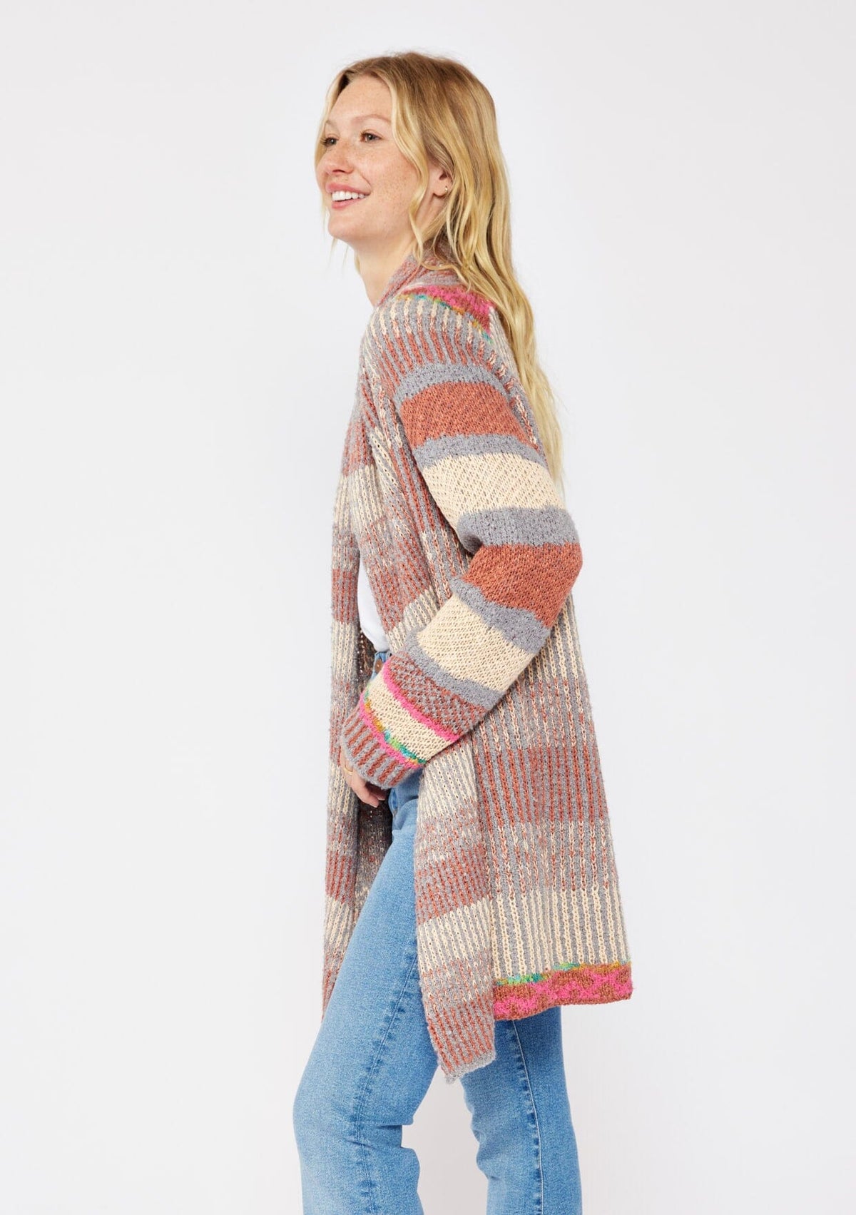 Women's Pink Multi Striped Boho Knit Cardigan | LOVESTITCH
