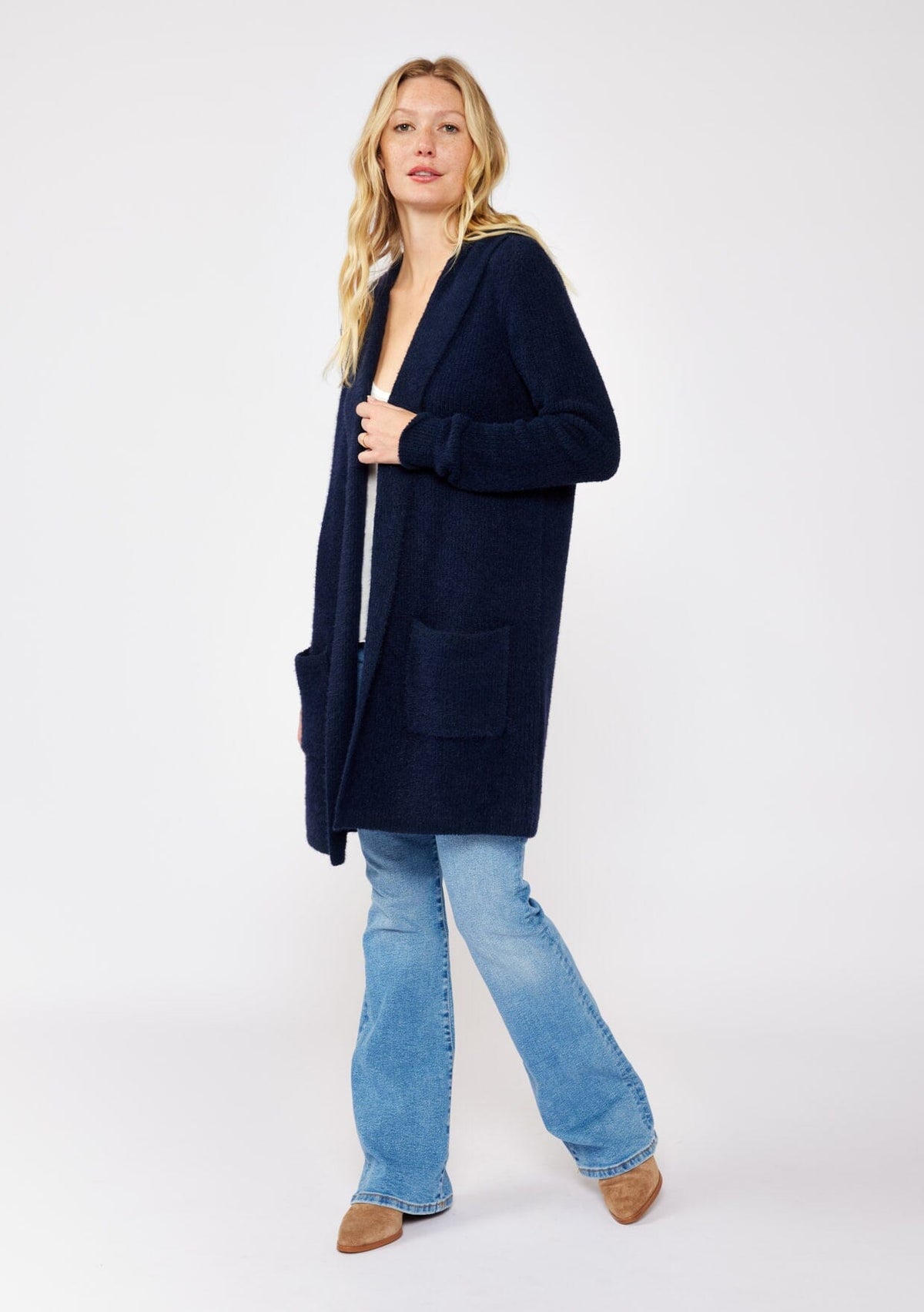 Women's Navy Fuzzy & Soft Hooded Cardigan | LOVESTITCH