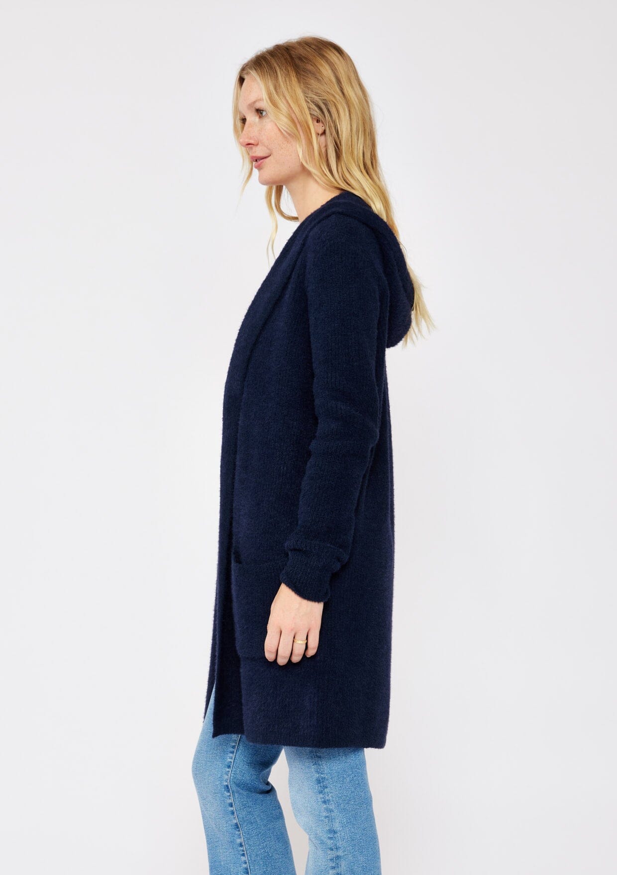Women's Navy Fuzzy & Soft Hooded Cardigan | LOVESTITCH